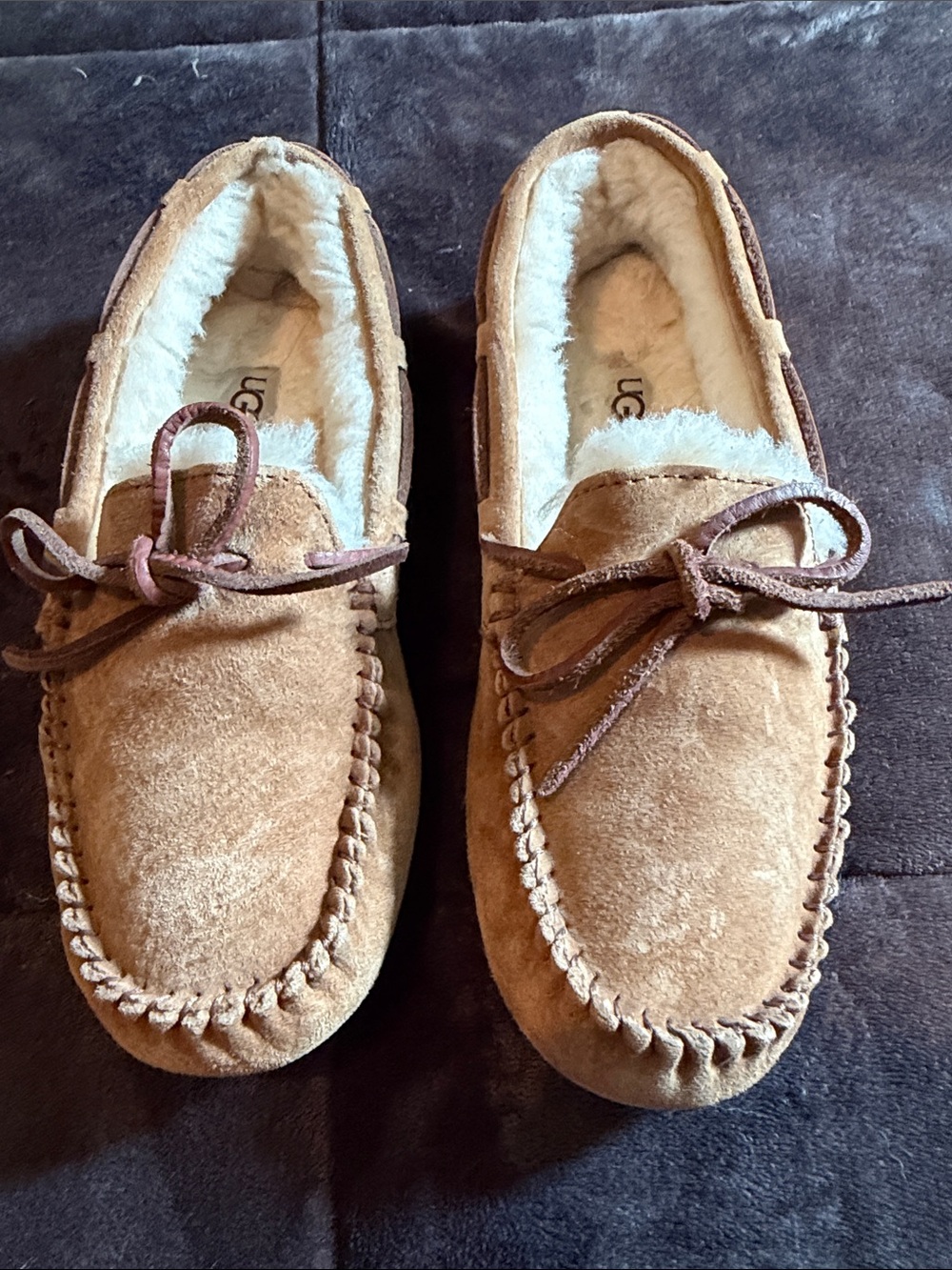 UGG women’s Chestnut Suede Moccasin Slippers with Shearling Lining